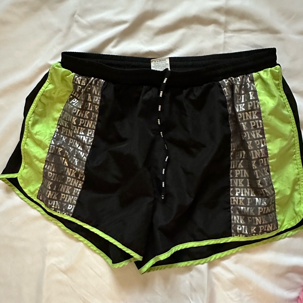 PINK Victoria's Secret Black Shorts with Neon Lime Trim and Logo Panels